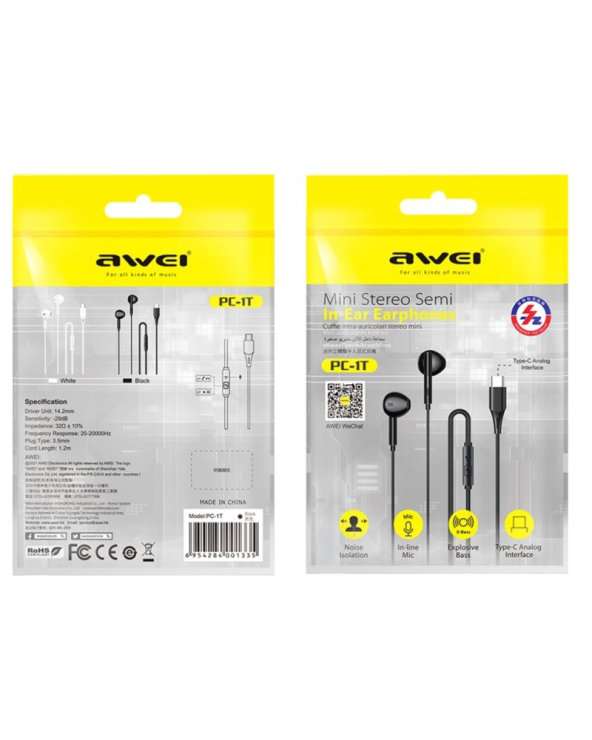 Ενσύρματα ακουστικά - PC-1T - Type-C - AWEI