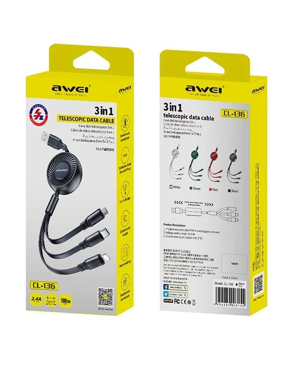 Καλώδιο φόρτισης & data 3in1 - Πτυσσόμενο - CL-136 - AWEI