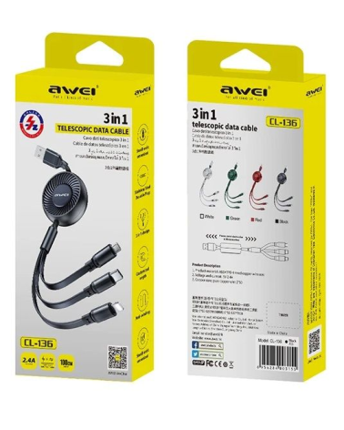 Καλώδιο φόρτισης & data 3in1 - Πτυσσόμενο - CL-136 - AWEI
