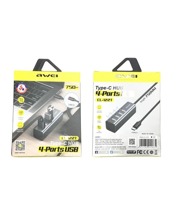 Αντάπτορας USB 2.0 Hub με 4 θύρες - Type-C - CL-122T - AWEI
