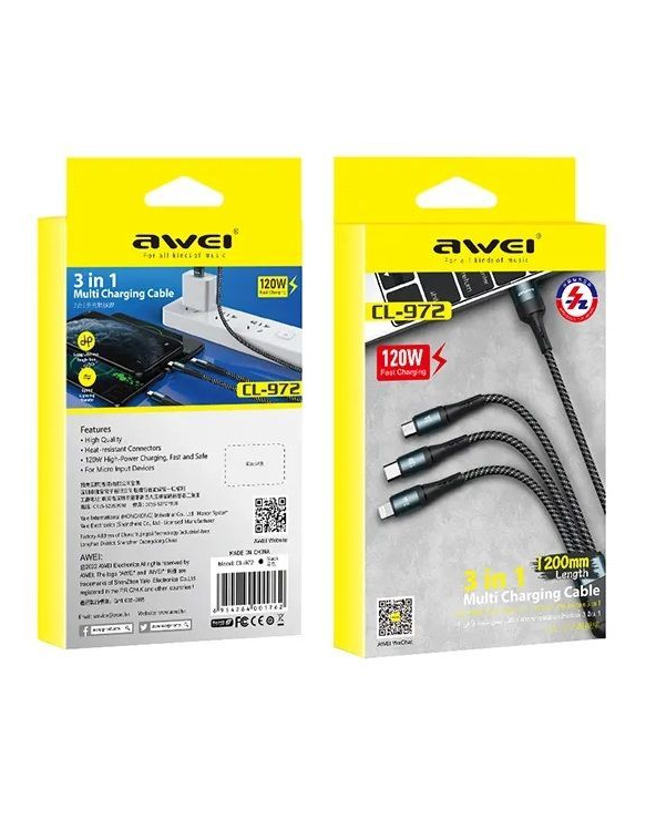 Καλώδιο φόρτισης & data 3in1 - Fast Charge - CL-972 - 1.2m - AWEI - Black