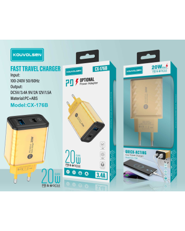 Αντάπτορας φόρτισης Fast Charge με 2 θύρες USB-A & Type-C - 20W - CX-176B