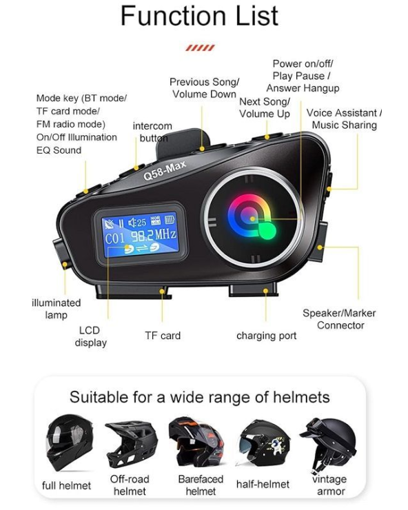 Ασύρματη ενδοεπικοινωνία κράνους μοτοσυκλέτας - Bluetooth - Q58-MAX
