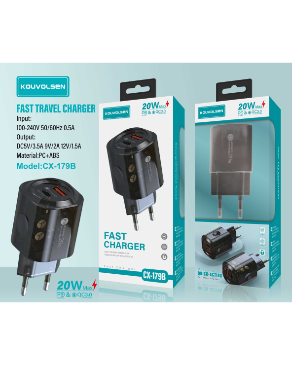 Αντάπτορας φόρτισης Fast Charge με 2 θύρες USB-A & Type-C - 20W - CX-179B