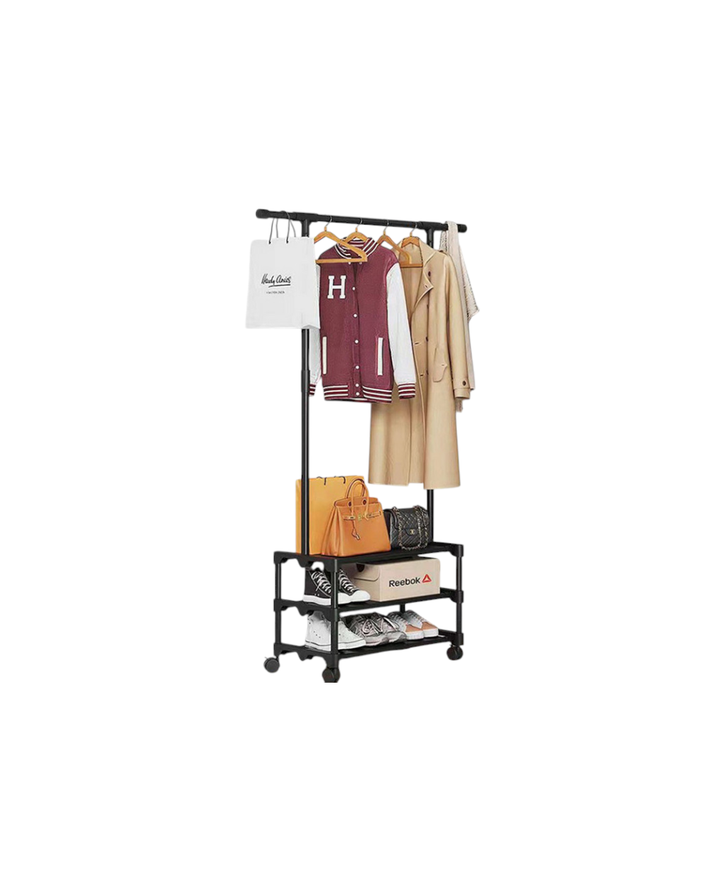 Τροχήλατη κρεμάστρα δαπέδου με ράφια παπουτσιών - 8603 - 522237 - Black